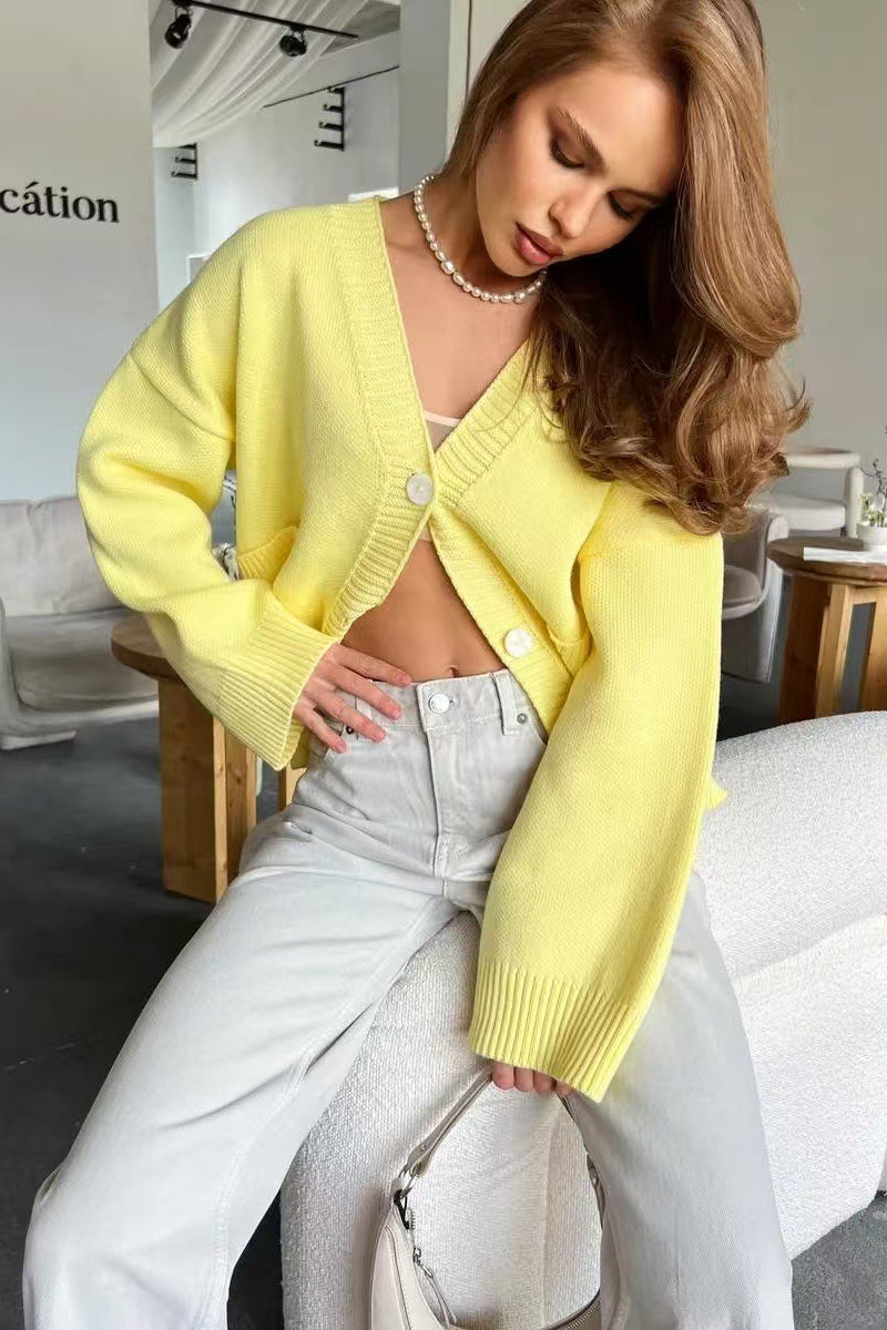 V Neck Pocket Knit Cardigan