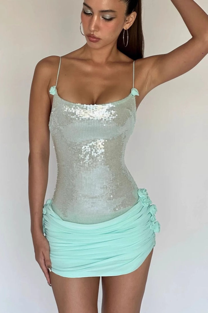 Sheer Sling Slim Floral Sequin Dress