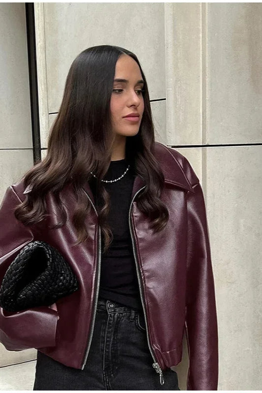 Burgundy Lapel Zip Leather Jacket