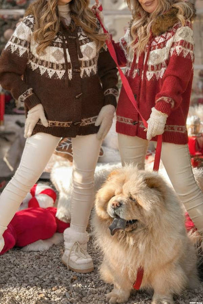 Christmas Fireplace Patterned Cardigan with Fur