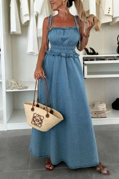 Denim Smocked-Waist Tiered Maxi Dress