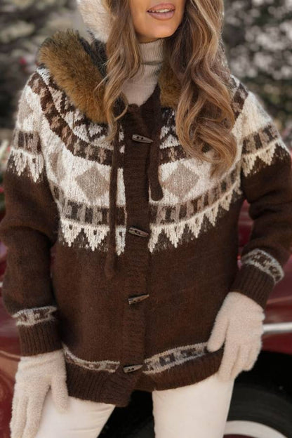 Christmas Fireplace Patterned Cardigan with Fur