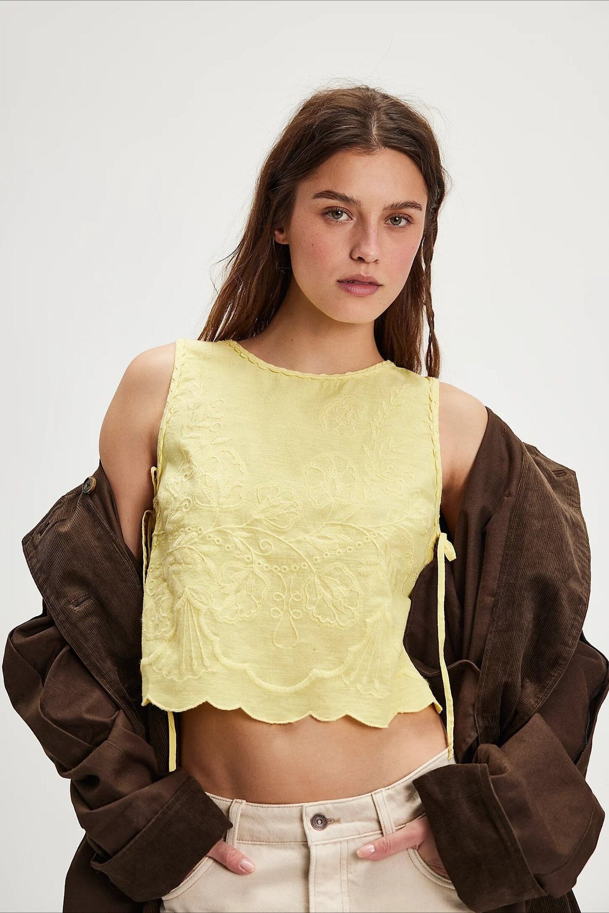Solid Crew Neck Embroidered Crop Tank Top