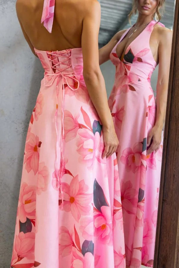 Floral Print V-neck Backless Tie-up Fitted Waist Elegant Maxi Dress