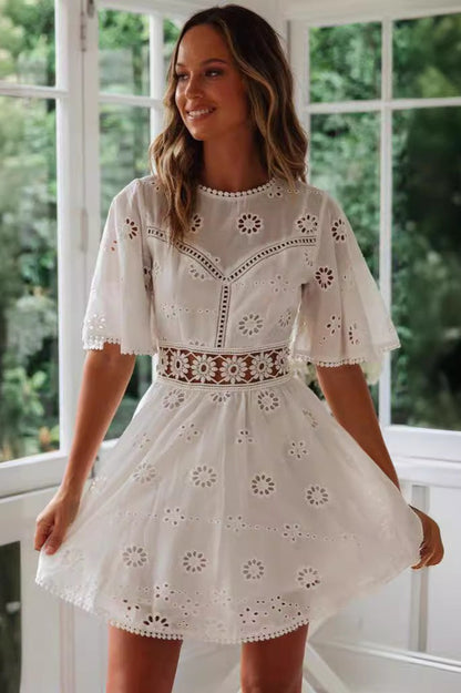 Cutout Round Neck Short Sleeve Boho Dress