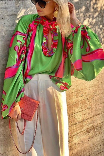 Zariah Satin Printed Cutout Neck Ballnoon Sleeve Blouse