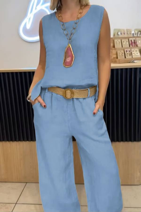 Cotton and linen solid color sleeveless trousers two-piece suit