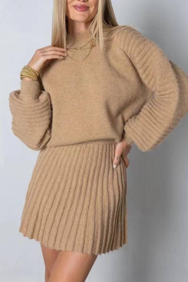 Knitted lantern sleeve skirt two-piece set