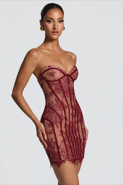 Strapless Lace Crochet High Waist A-Line Mini Lace Dress