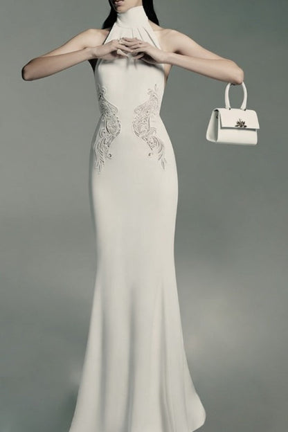 Lace Insert Halter Neck Sleeveless Pleated Column Reception Gown