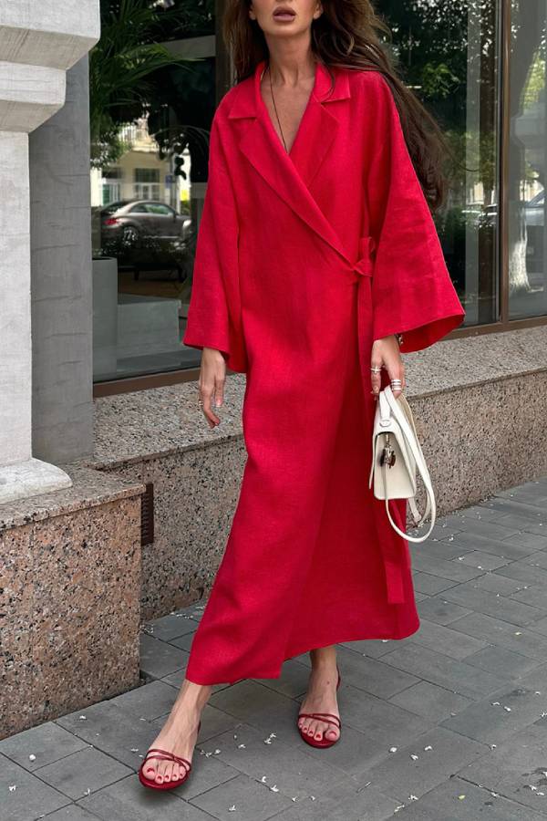 Oversized Lapel Linen Wrap Tie Side Slit Long Maxi Robe Dress