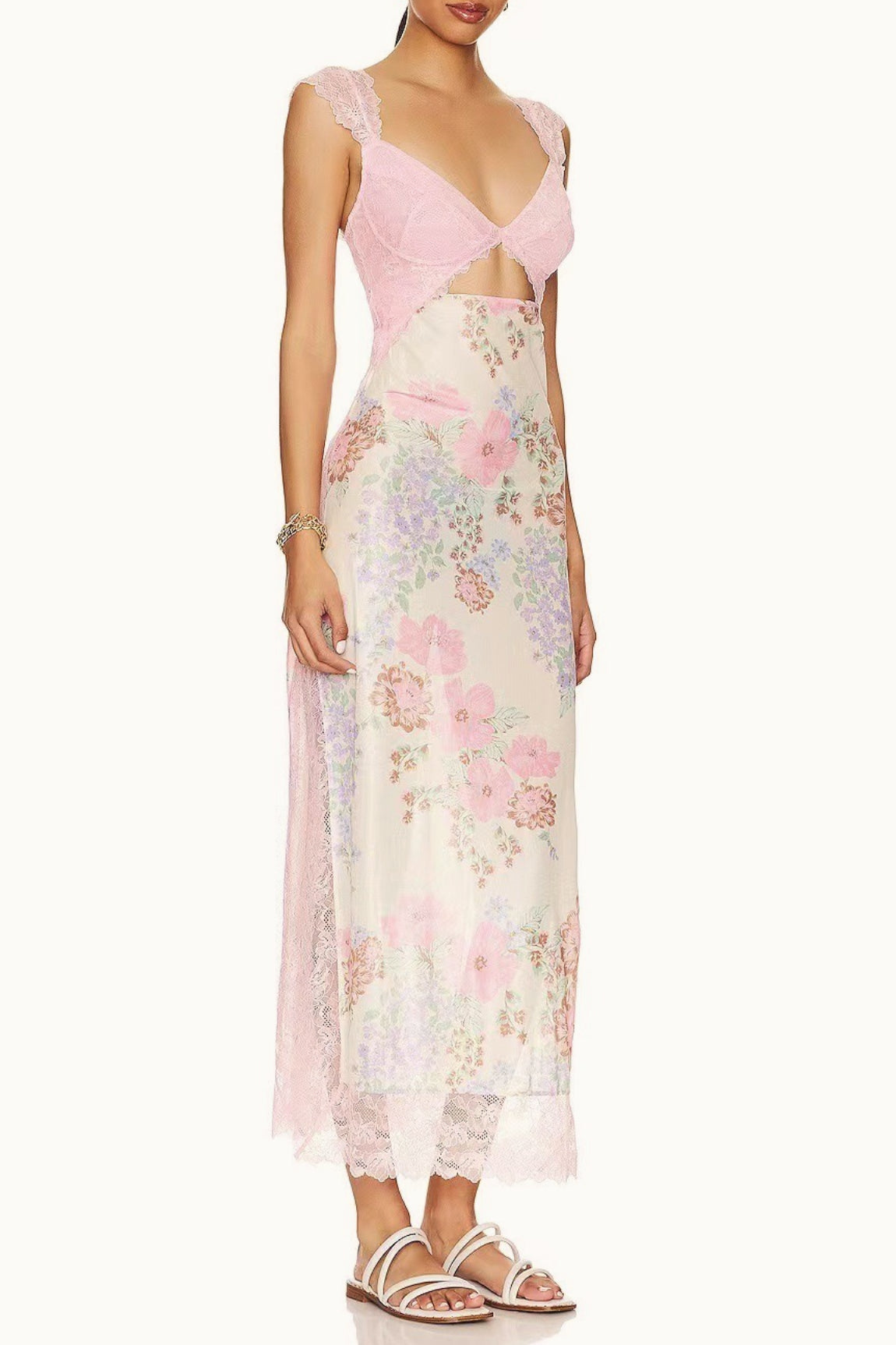 Lace Patchwork Strap Backless Slit Maxi Floral Dress
