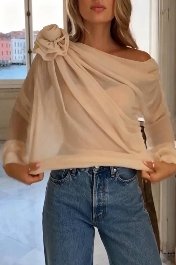 Nayla Chiffon 3D Floral One Shoulder Long Balloon Sleeve Drape Blouse