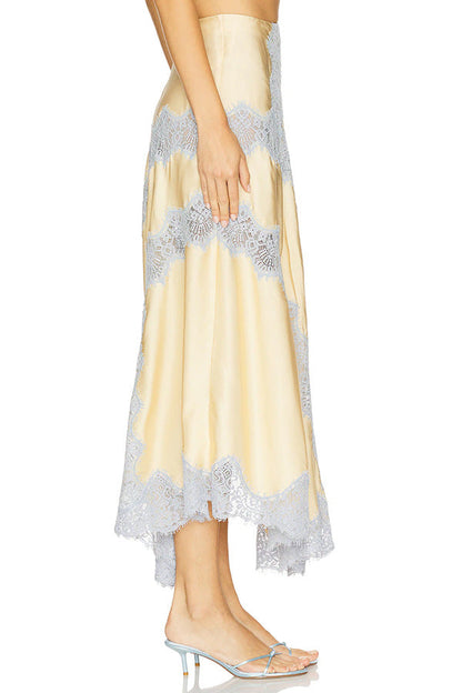Light gold satin V-neck camisole with blue lace trim + matching skirt set
