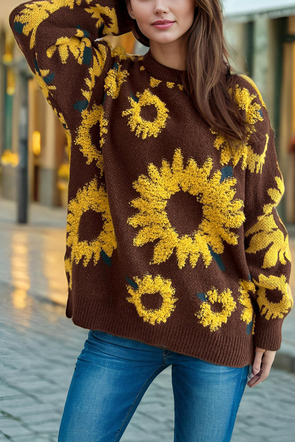 Sunflower Jacquard Crewneck Long Sleeve Knit Pullover Sweater