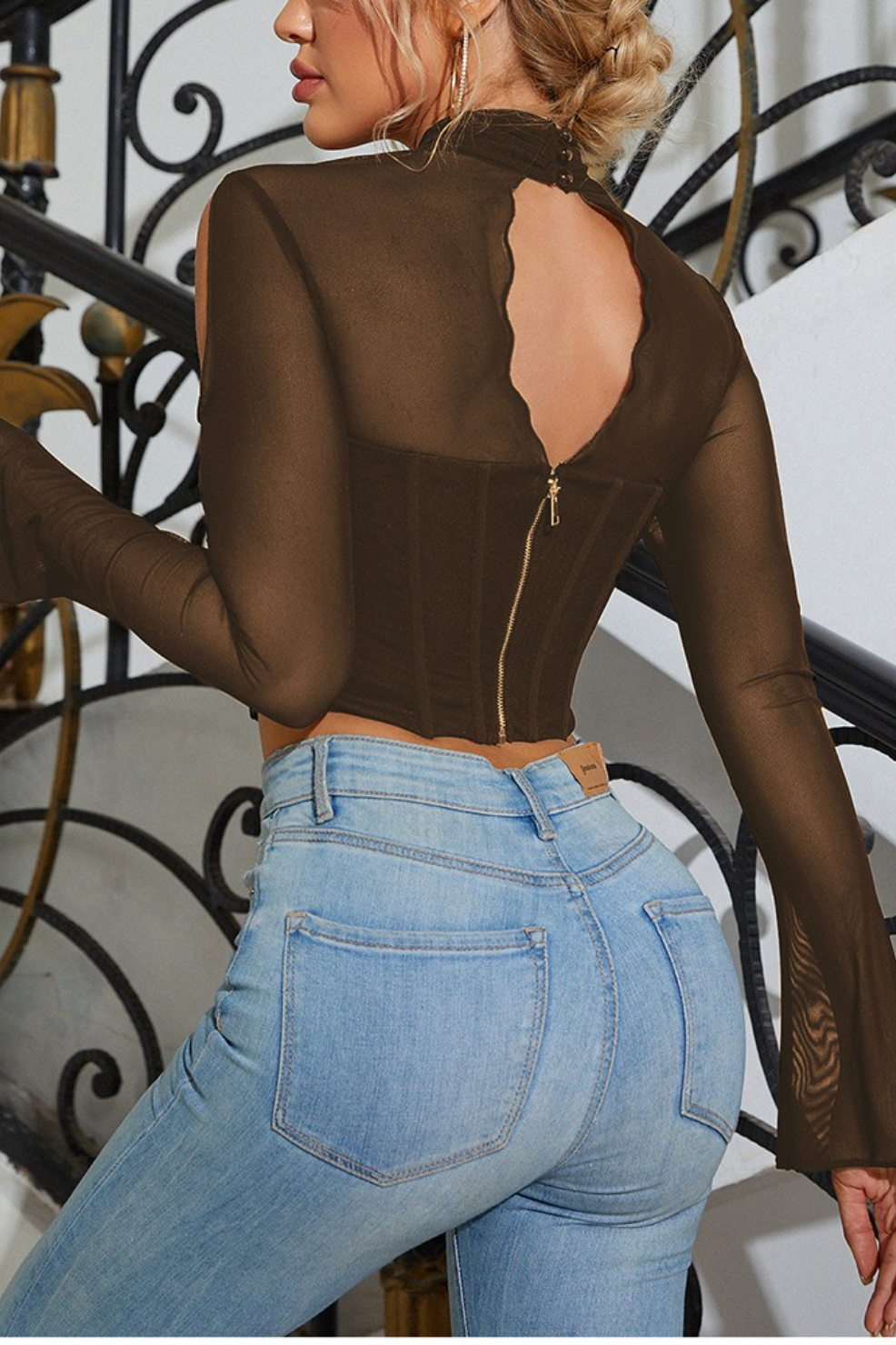 Mesh Halter Square Neck Boned Sheer Crop Top