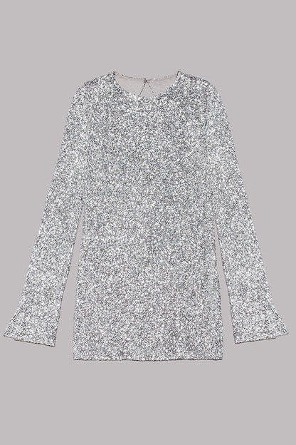 Sequin Open Back Oval Cutout Long Sleeve Mini Dress
