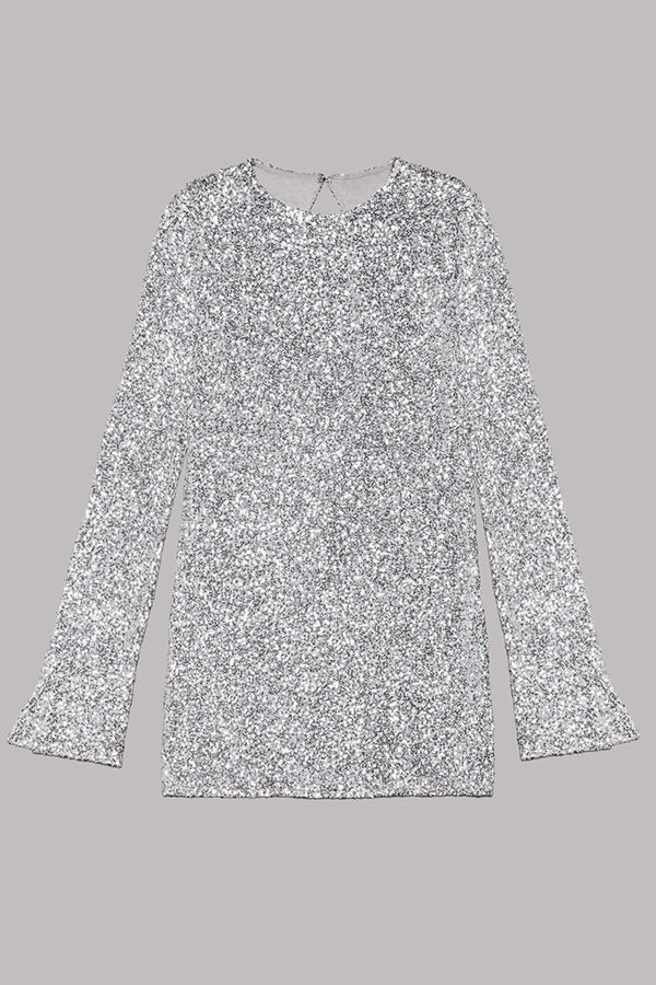 Sequin Long Sleeve Slit Cuff Crew Neck Mini Dress