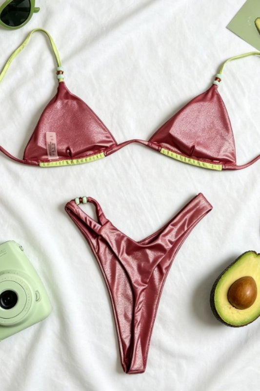 Green Brown Color Block Beaded Halter Bikini Set
