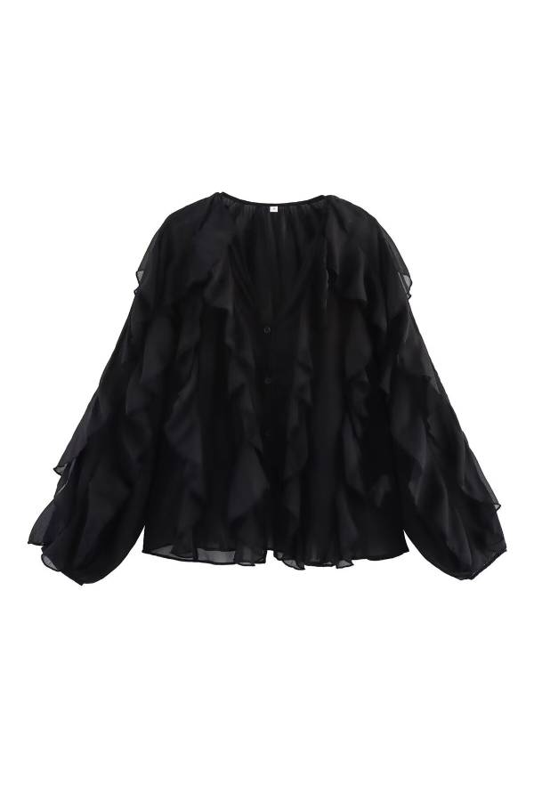 V-Neck Multi-Layer Ruffle Chiffon Lantern Sleeve Blouse