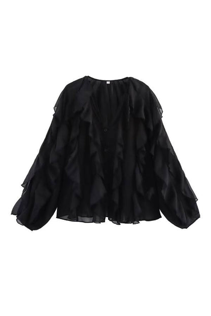 V-Neck Multi-Layer Ruffle Chiffon Lantern Sleeve Blouse