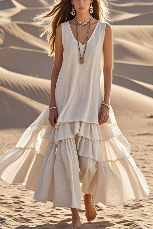V-Neck Sleeveless Double Layer Tiered Ruffle Maxi Vacation Dress