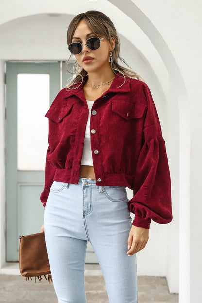 Corduroy Cropped Lantern Sleeve Jacket