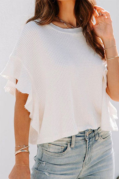 Ruffle Half Sleeve Solid Knitting Cropped Pullovers