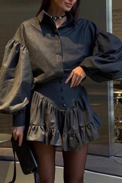 Retro puff sleeve shirt + ruffled high-waisted mini skirt set
