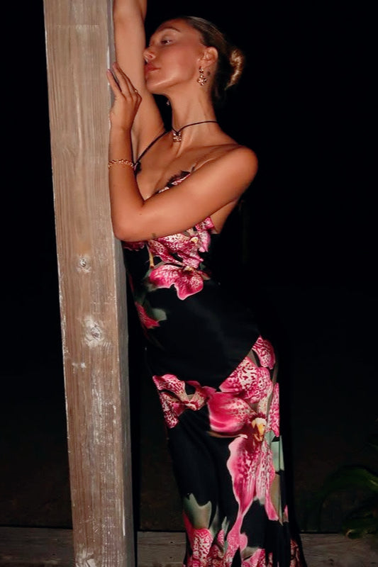 Satin Floral Print Deep V-Neck Lace Trim Empire Waist Maxi Slip Dress