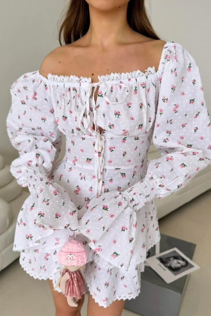 Lantern Sleeve Lace Up Off Shoulder Top Two Piece Shorts Set