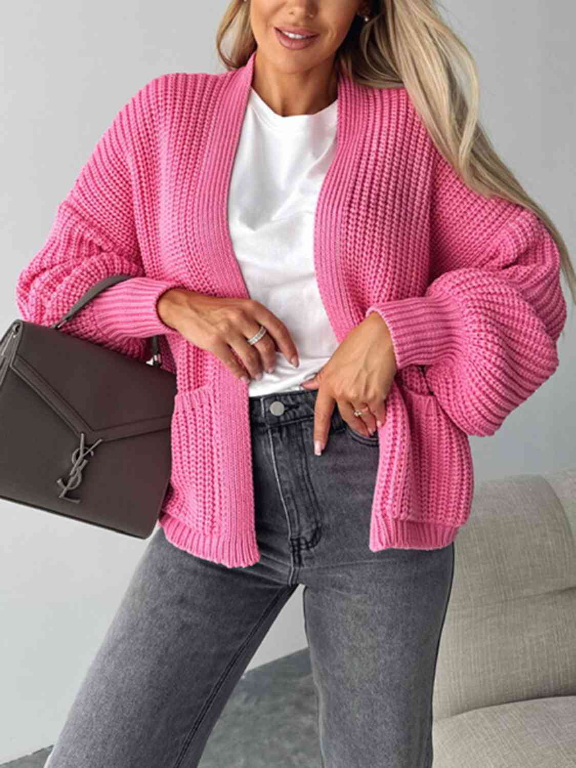 Solid Color V-neck Long-sleeved Casual Knitted Cardigan