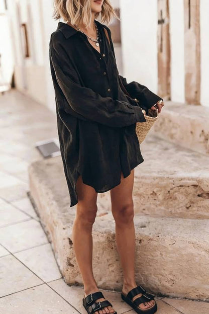 Go To The Beach Linen Blend Pocketed Long Sleeve Oversized Shirt