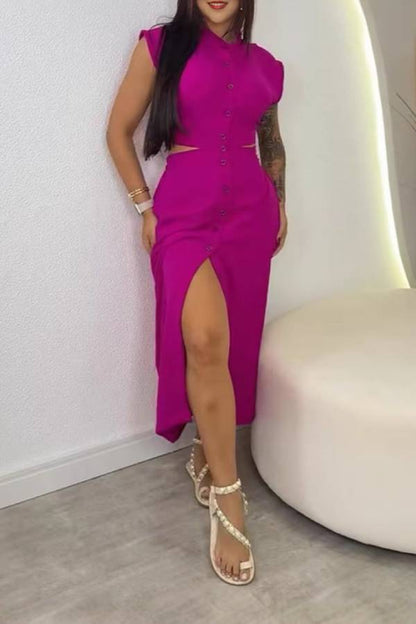 Stand Collar Cap Sleeve Cutout Button-Front Slit Midi Dress