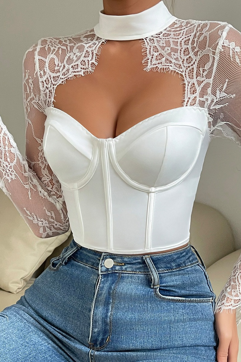 Slim Plunging Neck Lace Chic Long Sleeve Crop Top