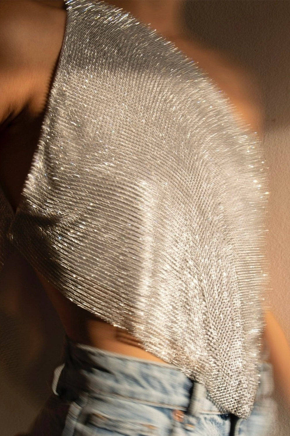 Metallic Mesh Rhinestone Off Shoulder Crop Top