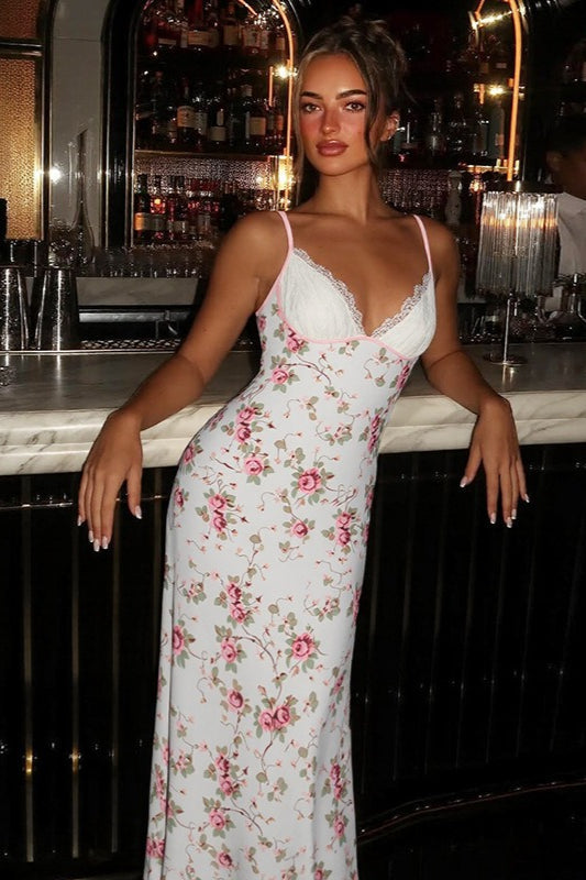Lace Patchwork Printed V Neck Bodycon Floral Dress