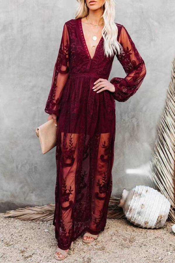 Deep V Lace Embroidered Sheer Maxi Dress