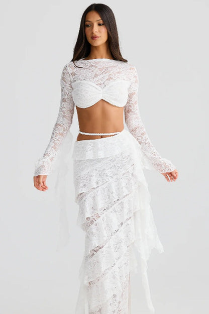 Lace Trim Layered Ribbon Tie Skirt Set