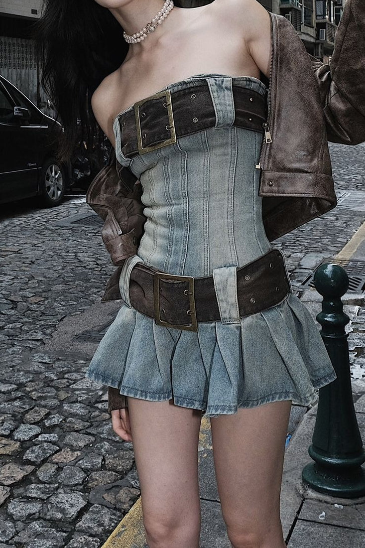 Retro Belted Denim Dress