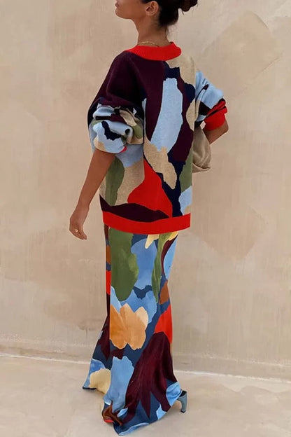 Bright and Bold Knit Abstract Color Blocks Button Long Sleeve Loose Cardigan