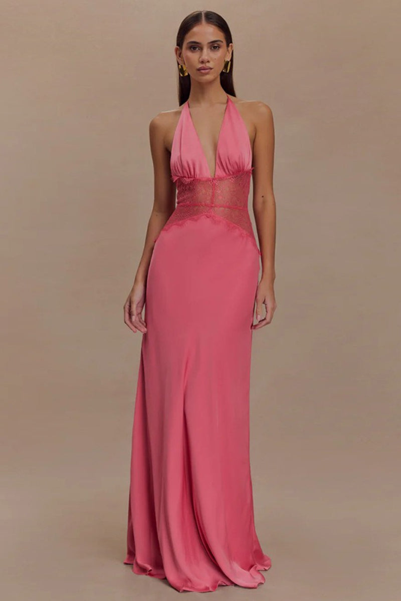 Deep V Halter Satin Slip Prom Dress