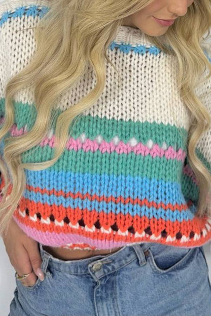Rainbow Mood Multicolor Round Neck Hollow Long Sleeve Knitted Sweater