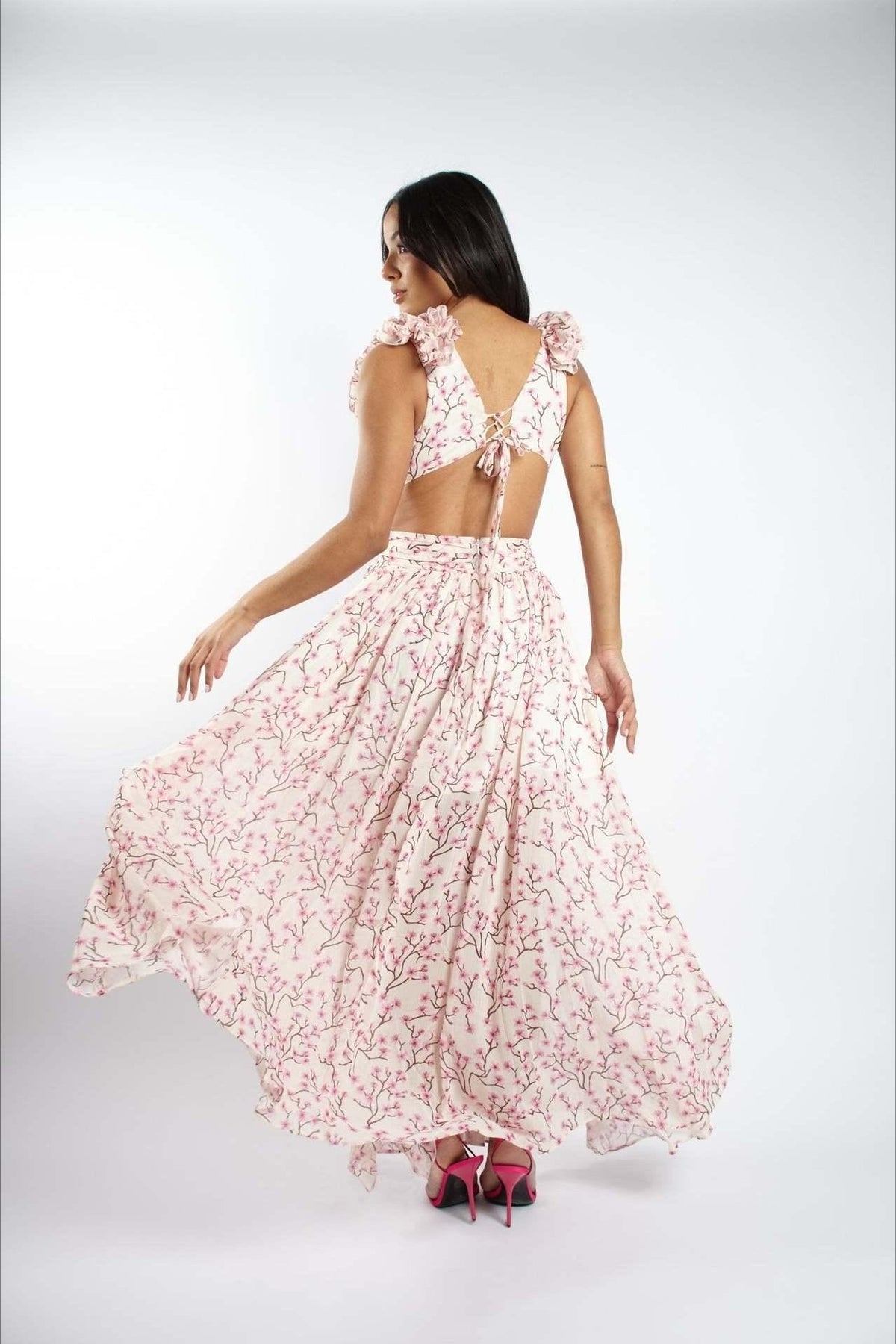 Deep V Backless Cutout Ruffle Floral Dress