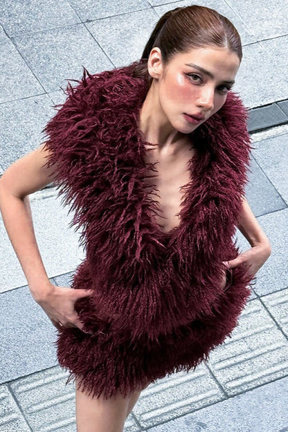Faux Fur Hooded U Neck Backless Crop Top Mini Skirt Set