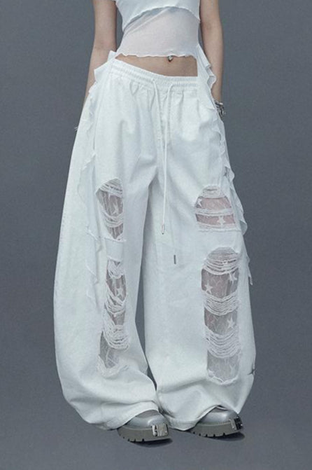 Ripped Lace Patchwork Relaxed Jeans