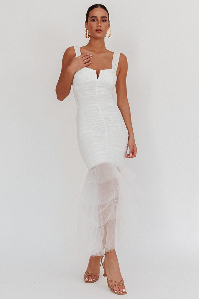 Mesh Insert Spaghetti Strap Ruched Prom Dress