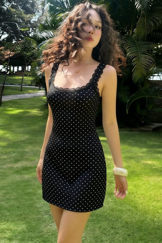 Polka Dot Lace Patchwork Bodycon Mini Dress