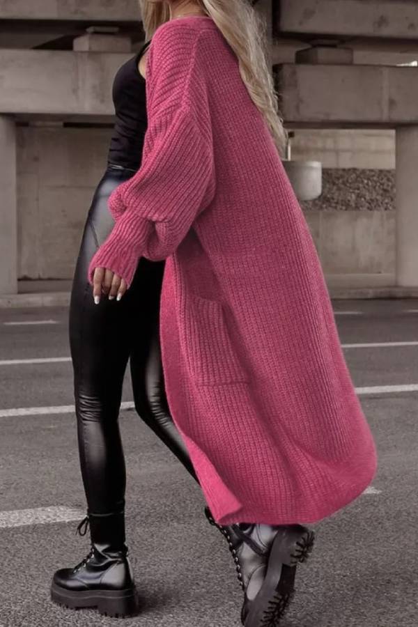 Lantern sleeve loose long knit cardigan