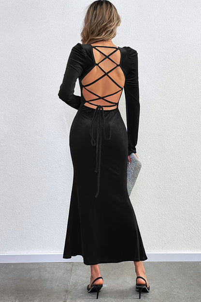 Velvet Square Neck Puff Shoulder Mermaid Hem Maxi Dress